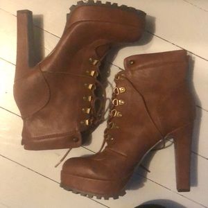 Brown Faux Leather Platform Booties Never Worn